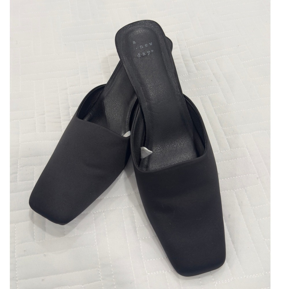 A New Day Black Square Toe Kitten Heel Mules Slip On Shoes‎ Womens 8.5